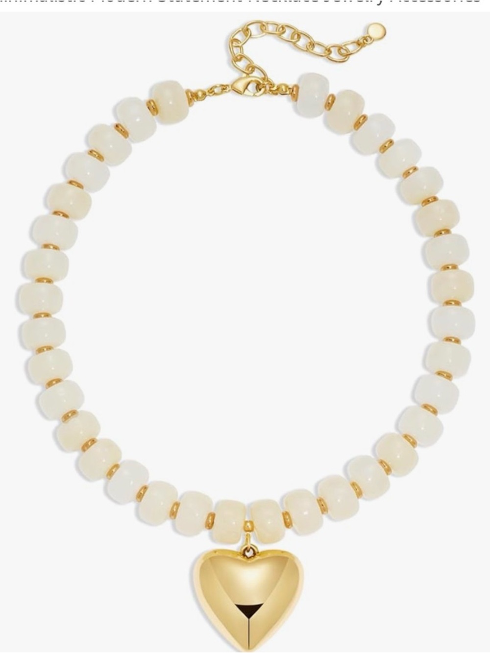 Gold Heart Charm Beaded Necklace - White Beads